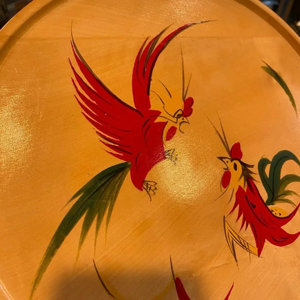 Fighting Rooster Japan Wooden Plate Tray 1950’s  Hand Painted Excellent 12”